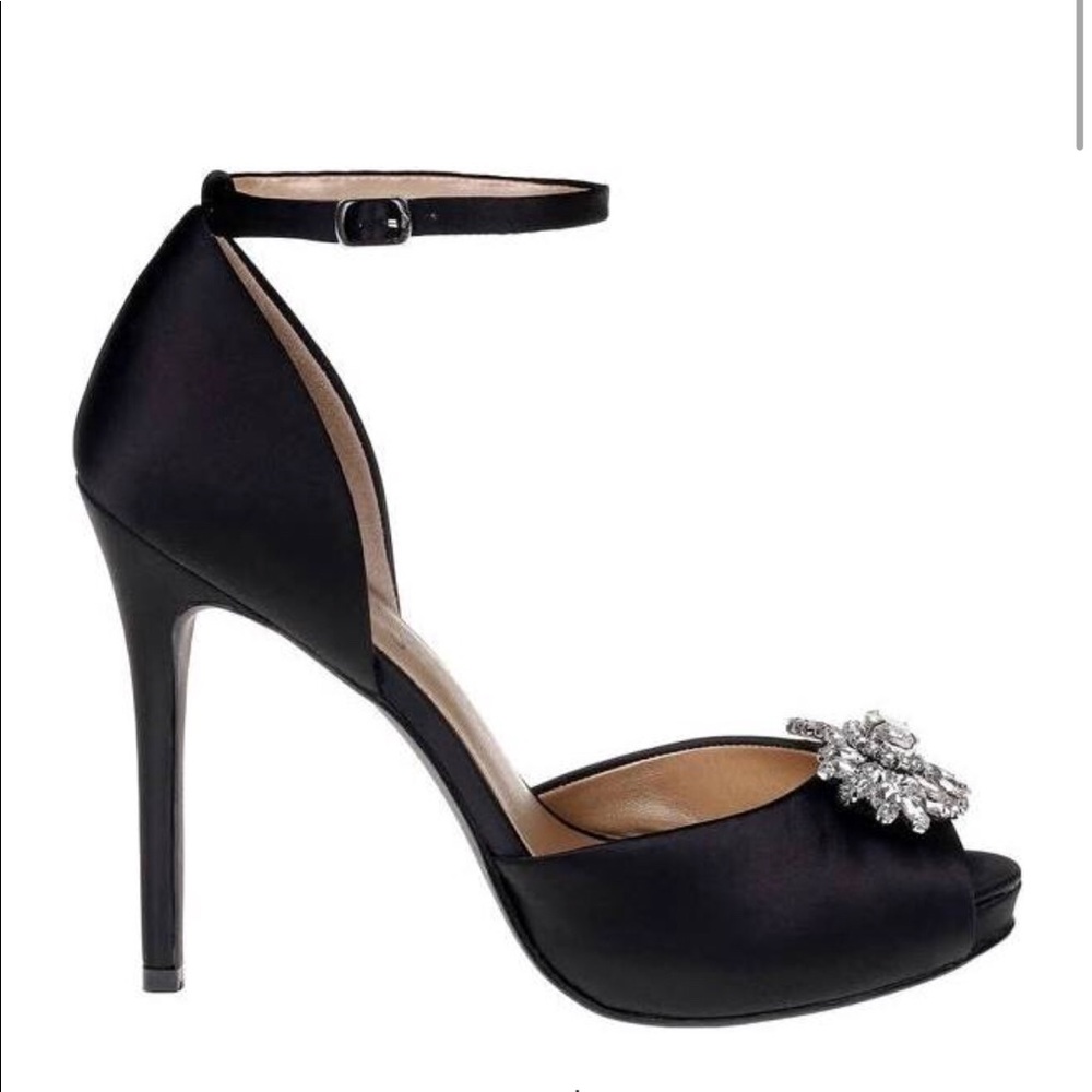 Badgley Mischka Black Formal Cocktail Peep Toe Heels with Crystal Embellishment